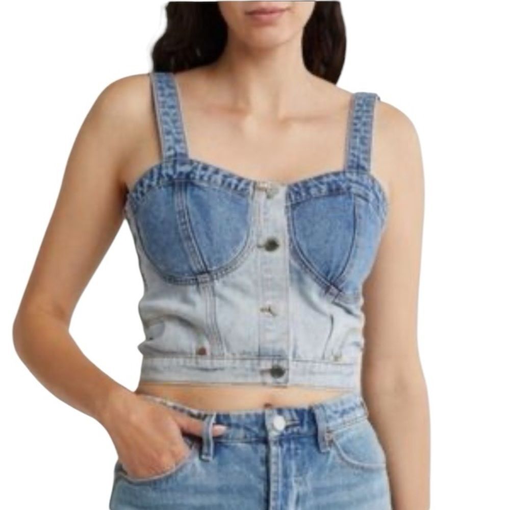 Blank NYC Denim Bustier Top Sleeveless Cropped Snap Up Smocked Blue Small New